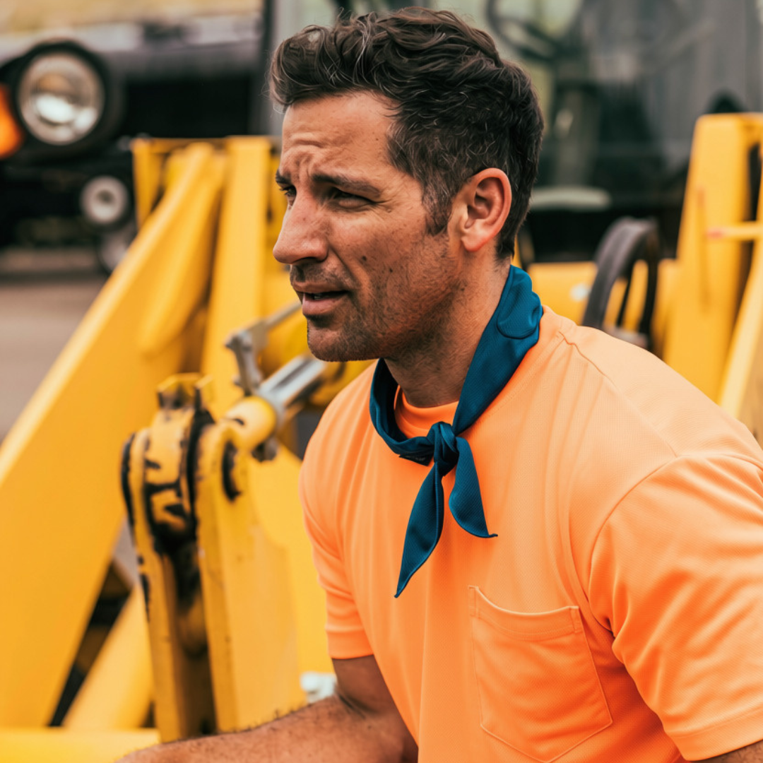Construction worker wearing a high-visibility orange safety T-shirt and cooling neck wrap while taking a break near heavy equipment on a worksite.