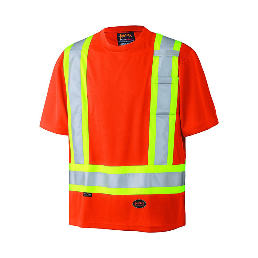 Birdseye Safety T Shirt Short Sleeved 2  Stripe Orange Front View Image