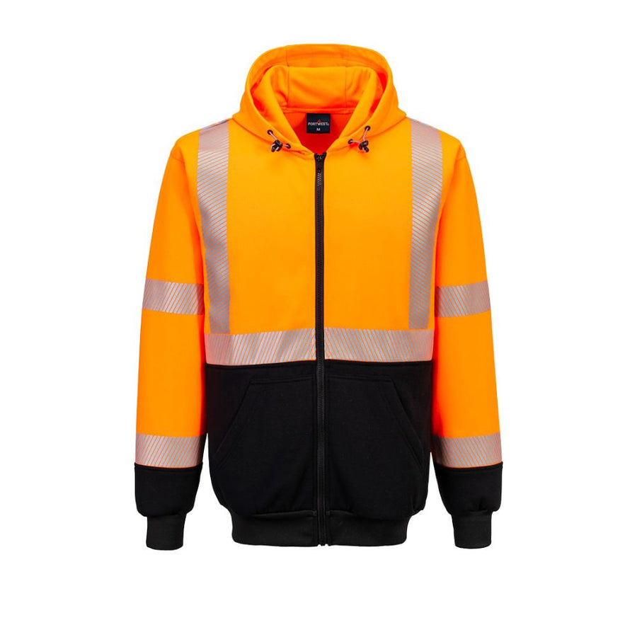 Hi-Vis Contrast Segmented Tape Zipper Hoodie - Class 2/3 Orange Front View Image