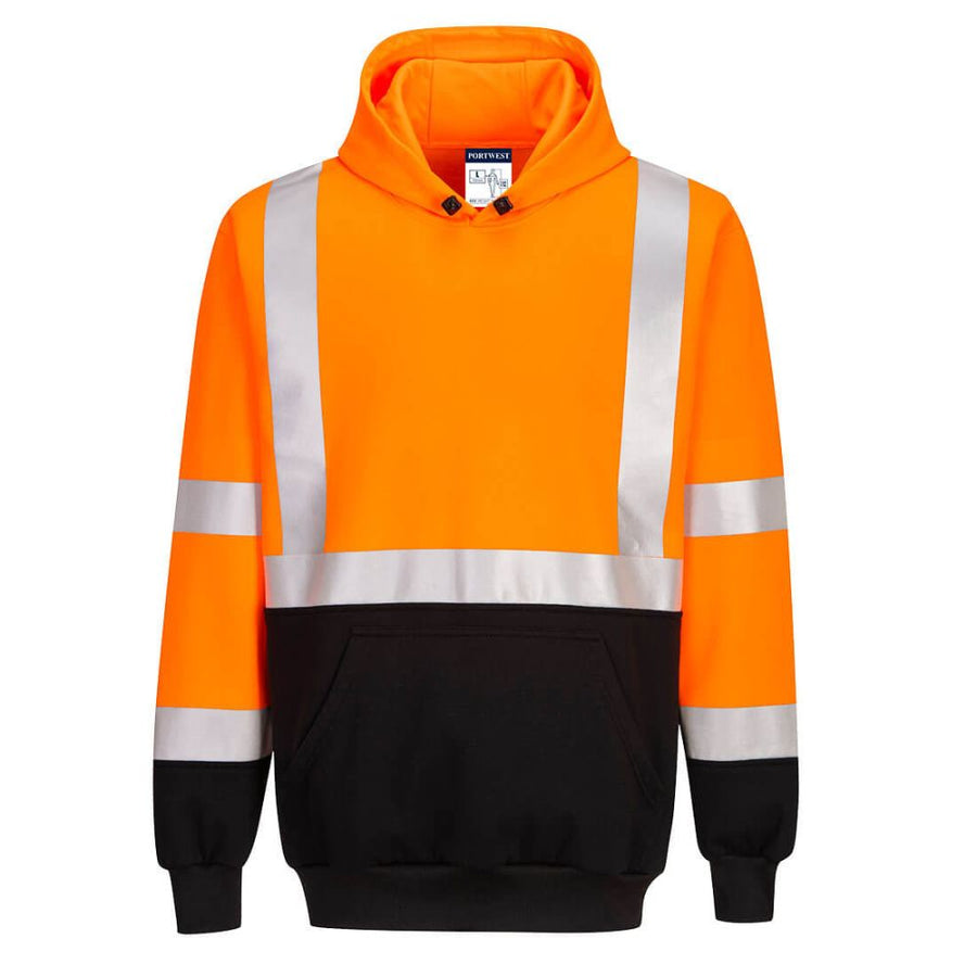 Hi-Vis Pullover Contrast Hoodie With Black Bottom - Class 2/3 Orange Front View Image