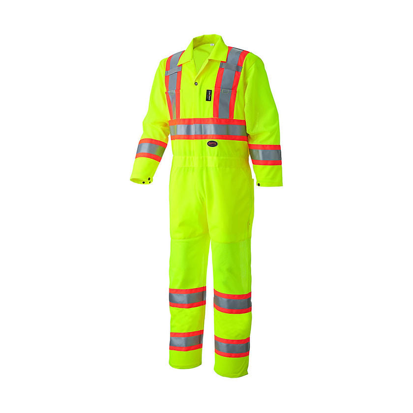 Hi Vis Traffic Safety Coverall Yellow Green Front View Image