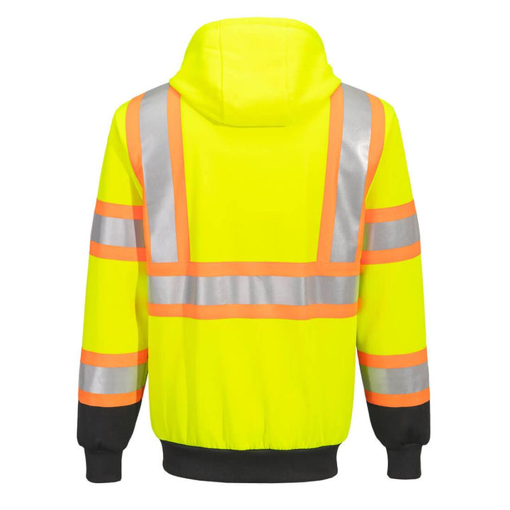 Kansas Hi-Vis Contrast Tape Zipper Hoodie - Poly-Cotton Blend Yellow Top Black Bottom Back View Image