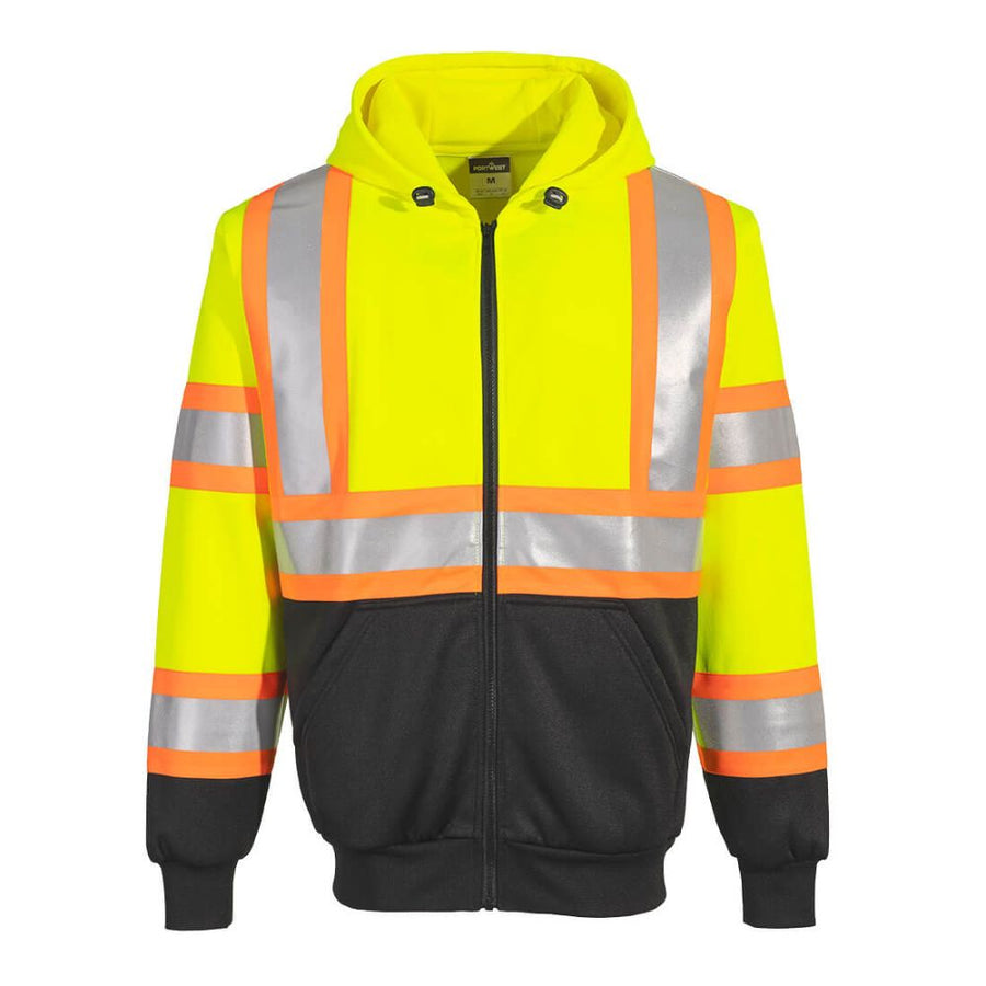 Kansas Hi-Vis Contrast Tape Zipper Hoodie - Poly-Cotton Blend Yellow Top Black Bottom Front View Image