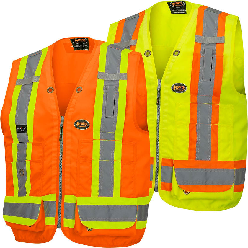 Multi Pocket Surveyor Vest Woven 150d Orange Yellow Green Front View Image