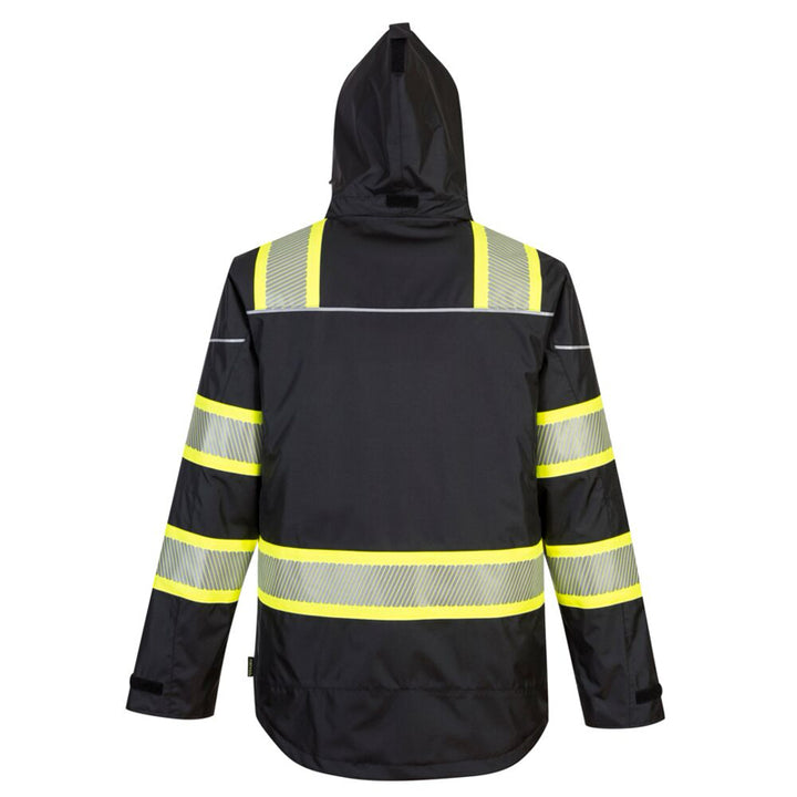 Parka Style Enhanced Winter Jacket With Reflective Tape and Hood in Black Back View Image