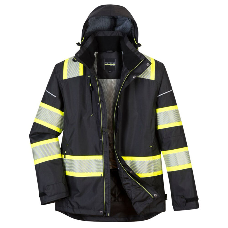 Parka Style Enhanced Winter Jacket With Reflective Tape and Hood in Black Front View Image