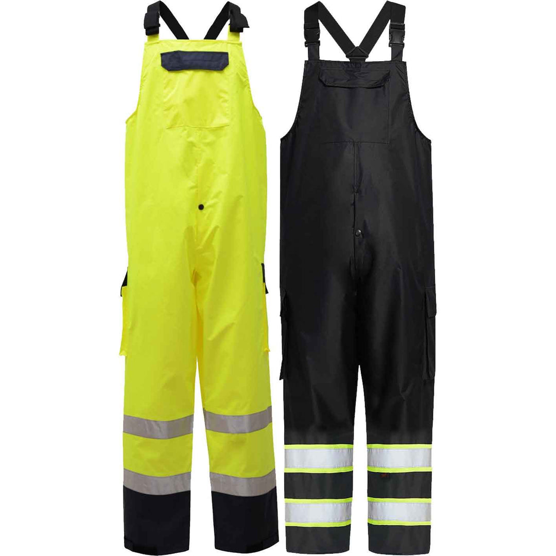 Premium Waterproof Bibs With To Side Pockets and One Cargo Pocket - Class E Lime or Black Non-ANSI Front View Image