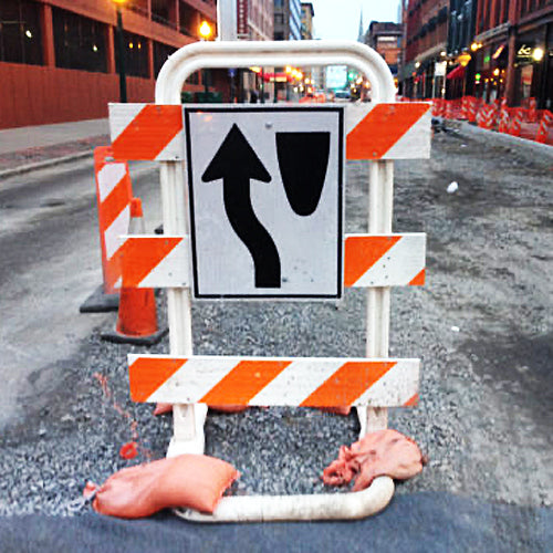 Sentinel Type III Base and Uprights with Barricade Boards and Road Sign In Use on Roadway Image