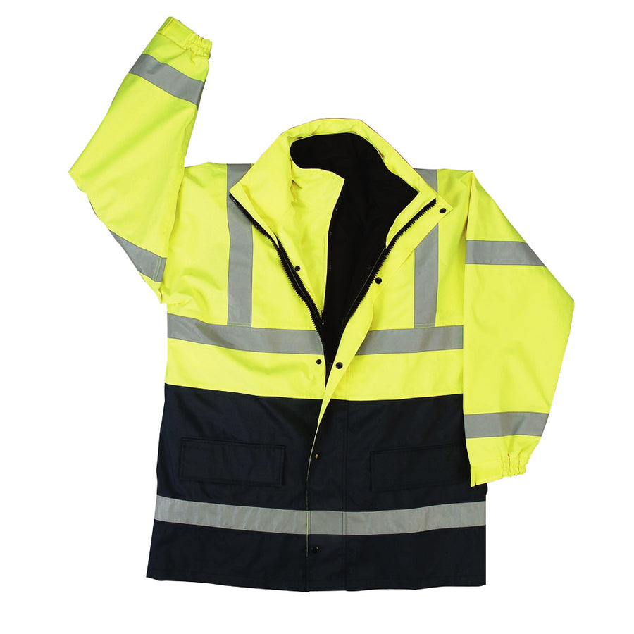 Parka Winter Safety Jacket Class 3 in Lime Green and Black with 2 in. (W) Silver Stripes Front View Image