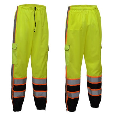 Premium Safety Mesh Pants With Ripstop Black Bottom - Class E in Lime Front and Back Views Image