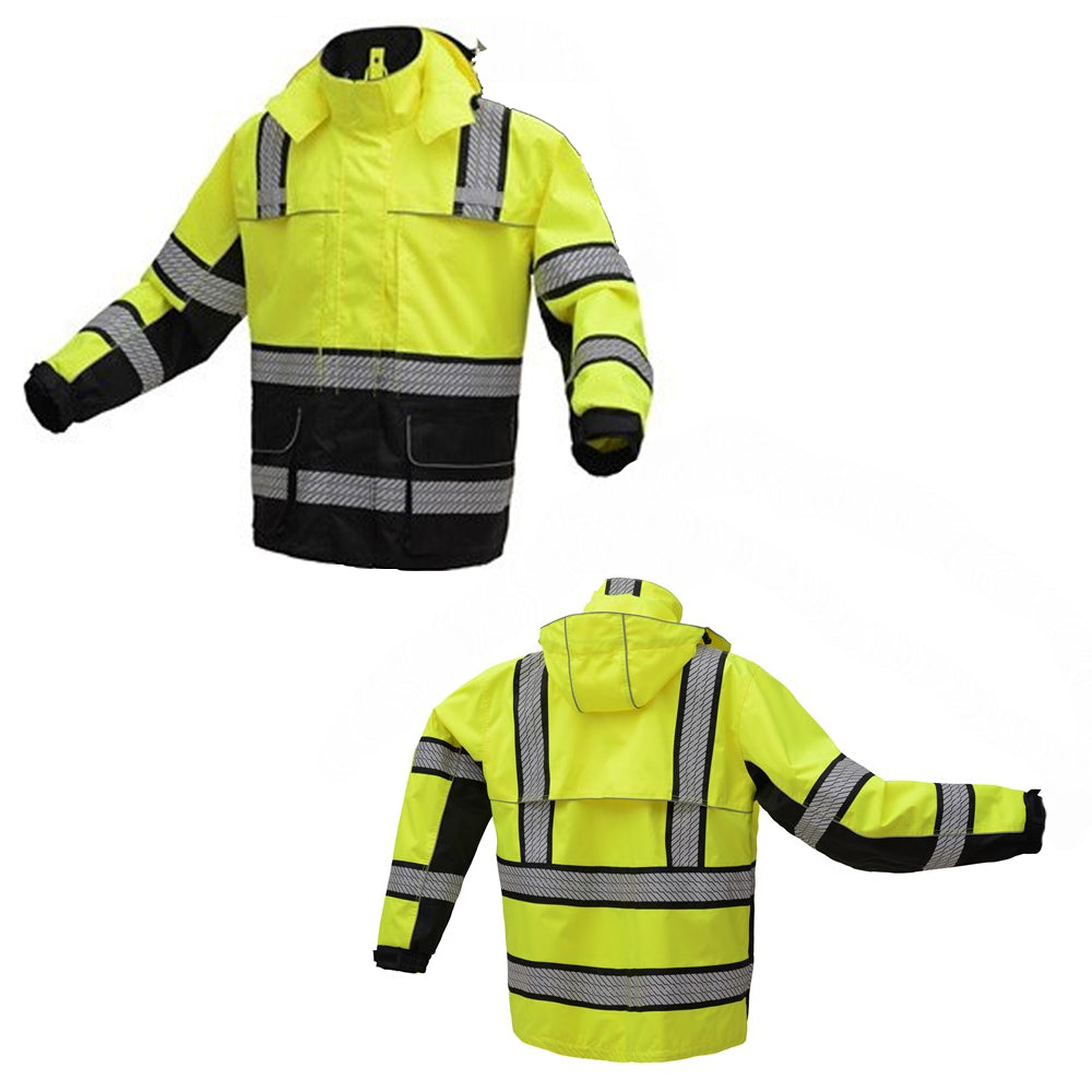 Rip Stop Rain Coat Onyx Class 3 With Teflon Coating in Lime Green with Reflective Striping Front and Back View Image