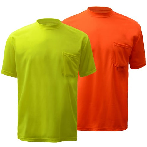 Short Sleeve Safety T-Shirts Moisture Wicking With Chest Pocket in Lime or Orange Front View Image